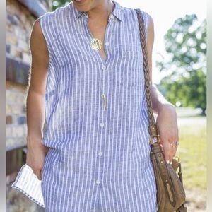 J.Jill Love Linen Women’s XS Blue & White Sleeveless Striped Button-Down Blouse